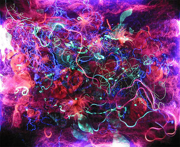 Interior design lighting ideas - art lights by UK fibre artist Mary-Clare Buckle - 'Burning His Roses' (uv tubes on)