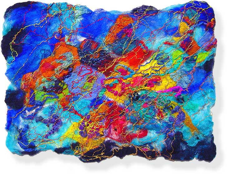 Contemporary abstract fiber art by UK textile artist and feltmaker Mary-Clare Buckle - 'Colour Has Taken Hold of Me'